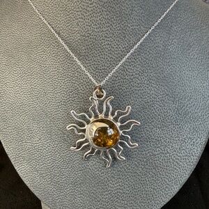 Sterling Silver and Baltic Amber Sun Eclipse Pendant Necklace